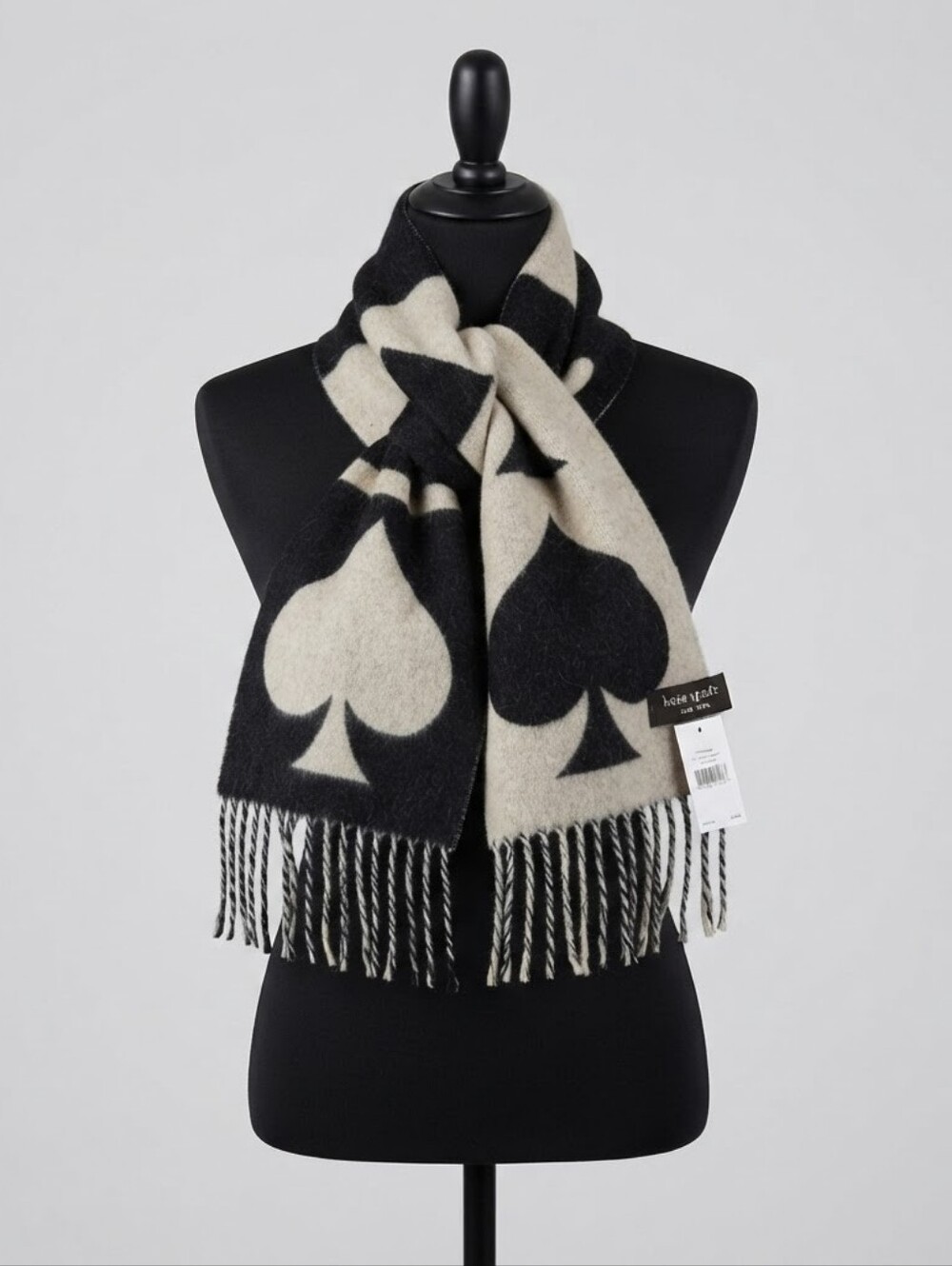 Kate Spade Black White Spade Logo Graphic Wool Blend Winter Scarf Chic Preppy